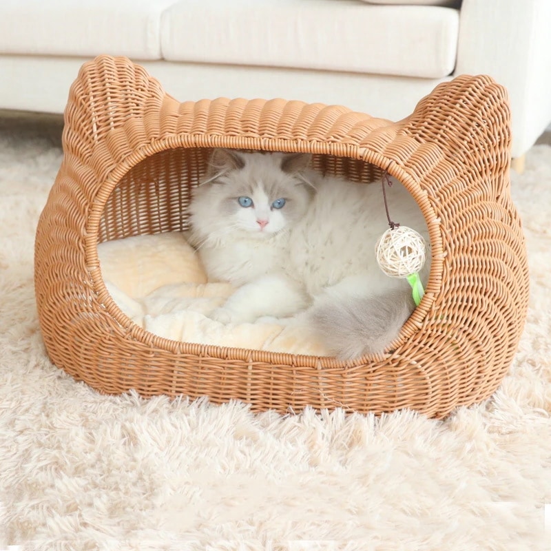 ペットベッド 犬 猫 藤編 ドーム型 マット付き クッション キャットハウス ふわふわ もこもこ 可愛い INS おしゃれ 寝床 寝具 ぐっすり眠る 春 夏 秋 冬 暖かい 四季適用
