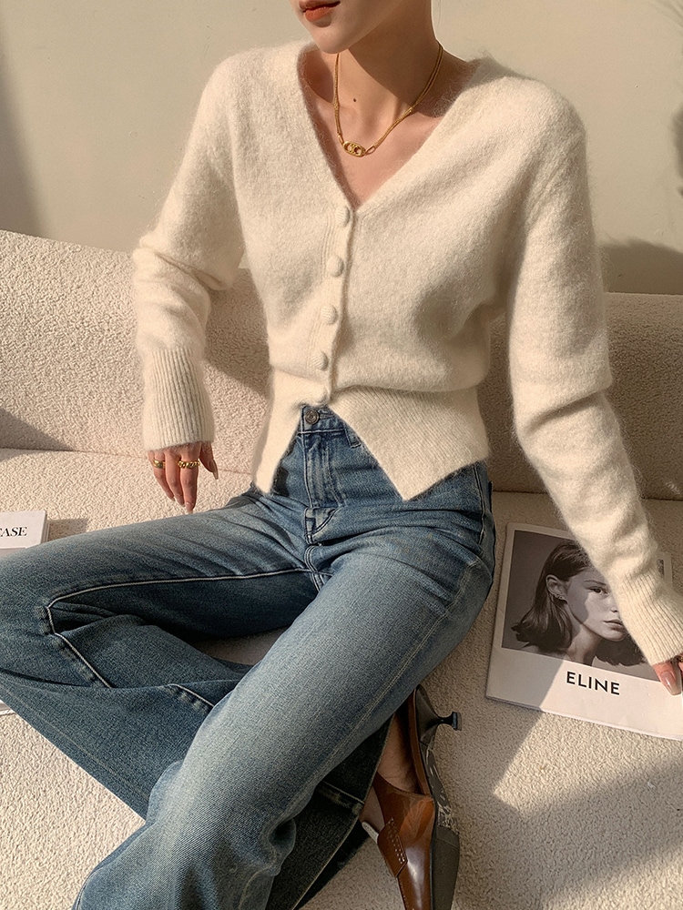 V ネック ニット カーディガン 女性 秋 冬 カジュアル オールマッチ セーター ボトムス シャツ トップ ホワイト ＳＭＬXL トップス 袖あり かわいい 大人可愛い きれいめ シンプル