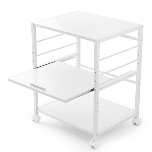 プリンター台 キャスター付き プリンターワゴン プリンターラック 木製 3段 デスクワゴン 机下収納 プリンターカート プリンター収納 ホワイト サイドワゴン 中棚スライド式 棚板高さ調節可能 幅50