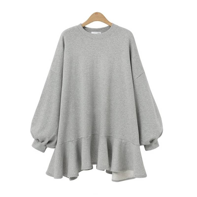 ワンピ―ス スウェット ミニ ワンピ レディース チュニック 裾 フリル 長袖 クルーネック ひざ上 膝上 無地 スポーツ おしゃれ かっこいい かわいい カジュアル 韓国 大きいサイズ M L XL