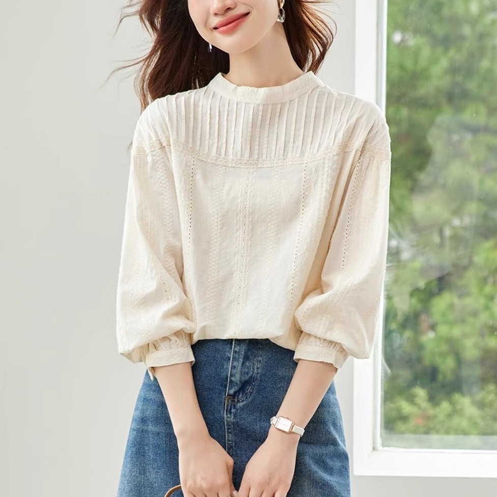 ブラウス トップス シャツブラウス シャツ ノーカラーブラウス 襟無し クルーネック ノーカラー 長袖 刺繍レース プリーツ シフォンブラウス レディース かわいい 大人可愛い おしゃれ ガーリー