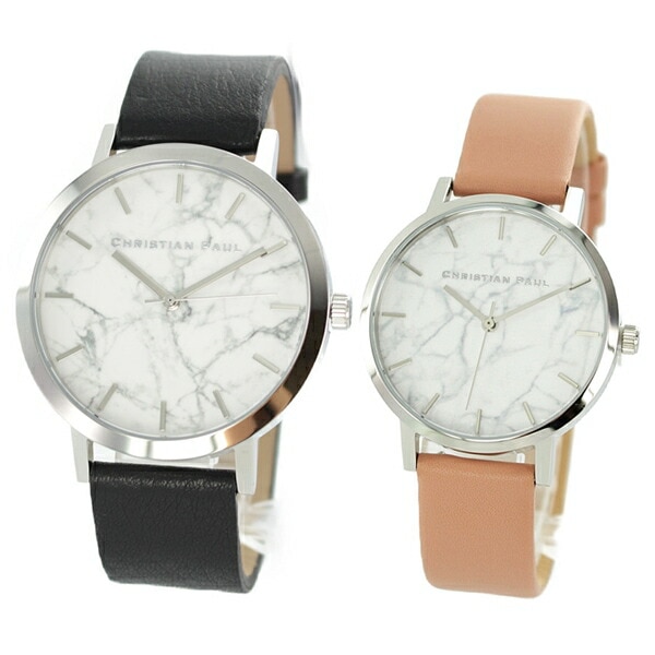 【ペア収納ケースつき】クリスチャンポール 腕時計 手表 ペアウォッチ 大理石柄 白 マーブル 天然皮革 レザー ブラック ヌードベージュ MR-05MWS3504 誕生日プレゼント ポイント消化