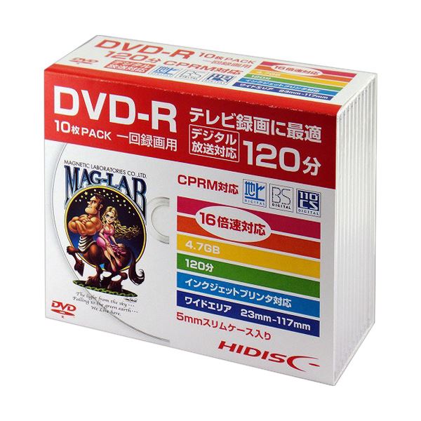 （まとめ） ハイディスク録画用DVD-R 120分 1-16倍速 ホワイトワイドプリンタブル 5mmスリムケース HDDR12JCP10SC1パック（10枚） (×5セット)