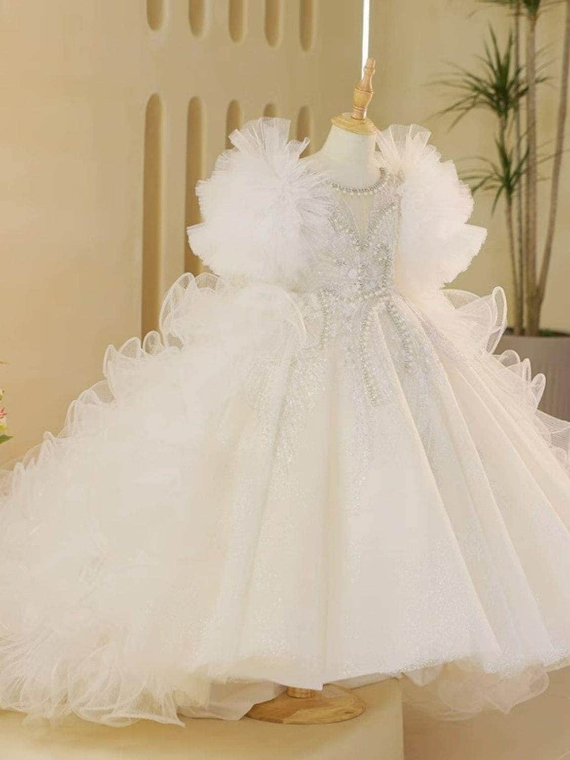 2025 ドレスガールズホワイトトレーリングウェディングドレスホストフラワーガールプリンセスドレス子供ピアノ演奏服