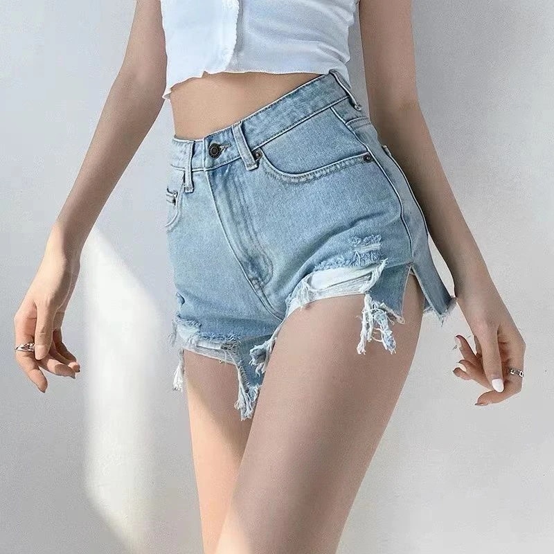 ホットガール ハイウエスト デニムショーツ夏の新作スタイル破れスリムフィット万能イレギュラーなほつれ裾ホットパンツ 4,152円