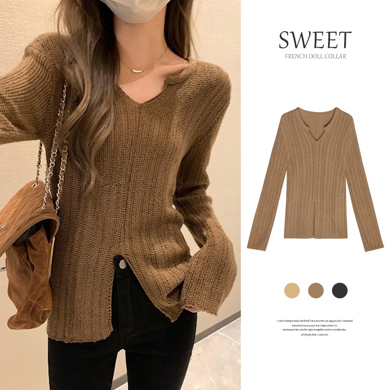 秋の女性のための韓国のファッショナブルなニットボトムシャツ純粋な欲望ホットガールスリミングスリムスリットアプリコット長袖トップ