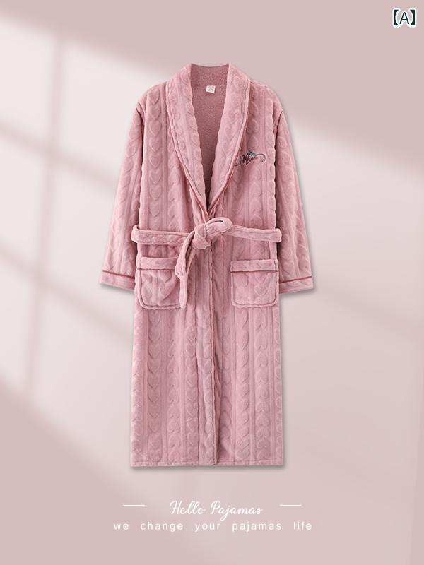 ガウン レディース 秋冬 ロング 厚手 刺繍 快適 大人 シンプル バスローブ ルームウェア フランネル 大きめサイズ かわいい ピンク 青 紫