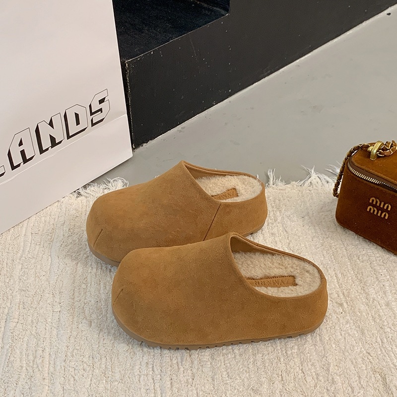 10個セット シンプル厚底包頭半スリッパ女2025秋冬加絨半脚ペダル