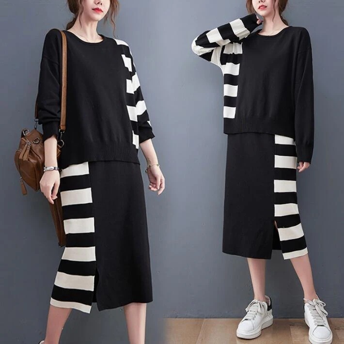 ニット　スカート ニットワンピース風　2点セット セットアップ ニット　レディース　クルーネック セーター　裾スリット　ボーダー 　ロング丈　ミモレ丈 　カジュアル トップス　長袖 春　秋　冬