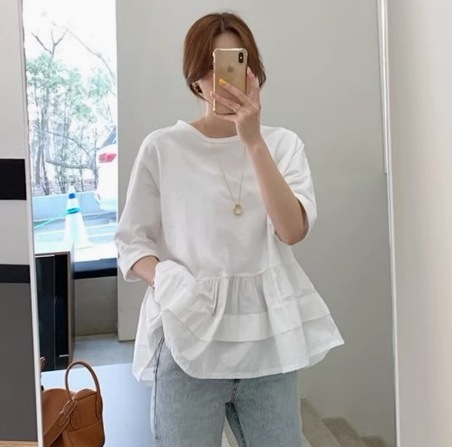 レディース トップス フレア 半袖 ラウンドネック 大人可愛い きれいめ シンプル カジュアル 上品 おしゃれ こなれ感 エレガント 存在感 無地 春 夏 秋 ママ 10代 20代 30代 40代