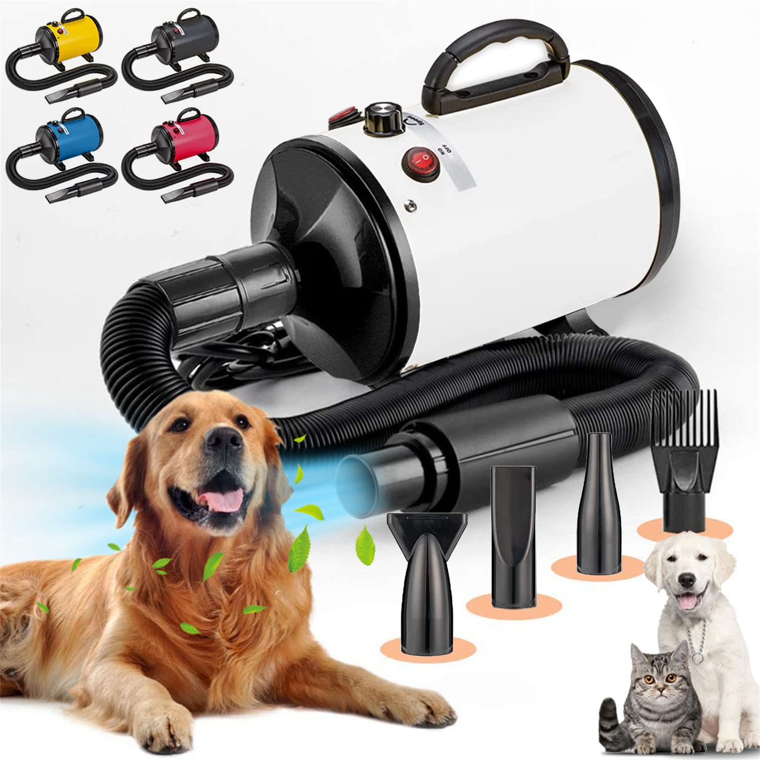 ペットドライヤー 犬用ドライヤー 猫 犬 ドライヤー 大風量 犬用乾燥機 無段階風速制御 -℃温度可調整 犬 ドライヤー 4種ノズル付き 日本語説明書 犬/猫兼用 - ホ