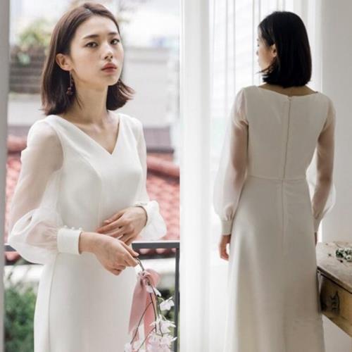 お買い得白 ドレス ワンピース ホワイト パーティードレス ロング シンプル ピアノ 発表会 レディース 韓国 無地 Vネック 春 秋 冬 長袖 ロング丈 可愛い 清楚 シアー袖 シースルー キャバド 5,235円