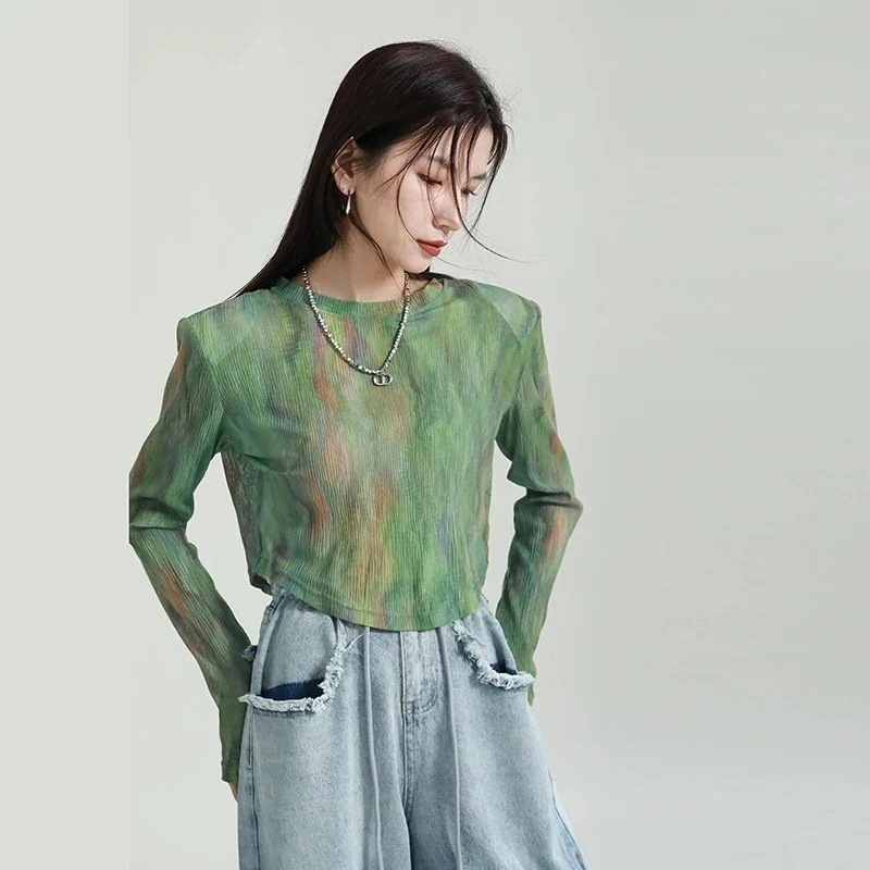 【J.Fashion】 春夏 サテンシャツ グラデーション ラウンドネック 不規則 ドッキング 長袖Tシャツ レディースベーシックシャツ 日焼け止め レディースブラウス メガ割30%までに制限
