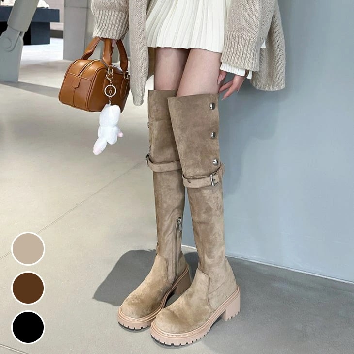 二―ハイブーツ ロング 2WAY 太ヒール スエード調 可愛い 大人カジュアル 細見え 美脚 脚長効果 おすすめ おしゃれ レディース トレンド 人気 プチプラ 韓国ファッション 2024春夏新作 【