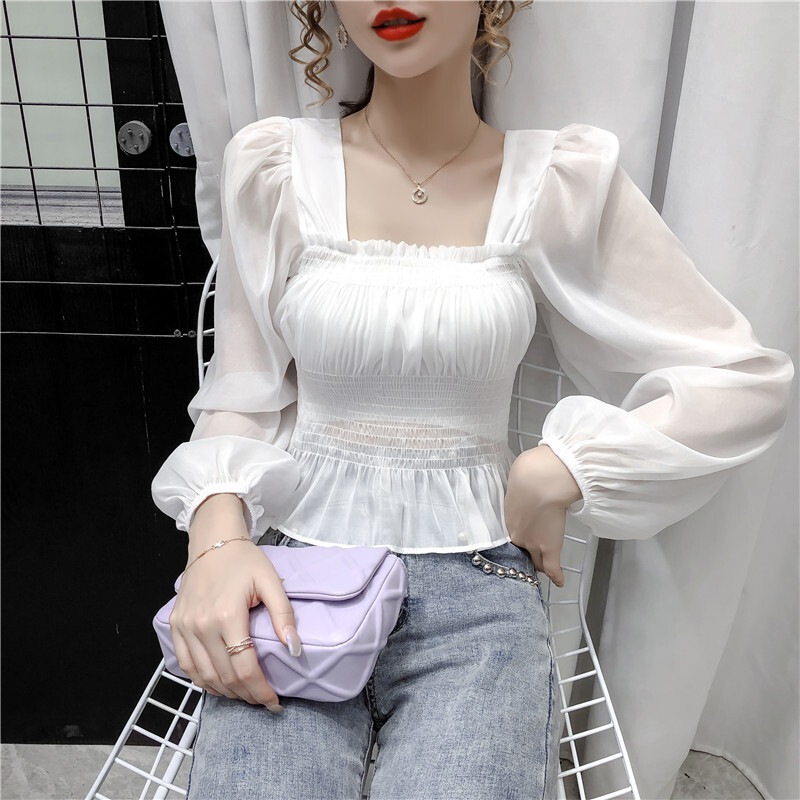 バブルスリーブシフォンシャツレディースショートトップ長袖シックシャツ トップス シャツ 白シャツ ショート丈 長袖 スクエアネック タイト レース シフォン ウエストマーク 透け感 シースルー