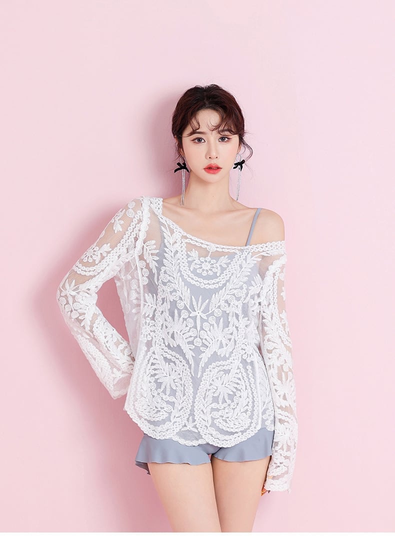 水着 ワンピース水着 パッド付き 半袖 レース チュール シフォン レースアップ セット 上下セット かわいい 大人可愛い シンプル 大人っぽい おしゃれ ラブリー キュート ガーリー 10代 20代