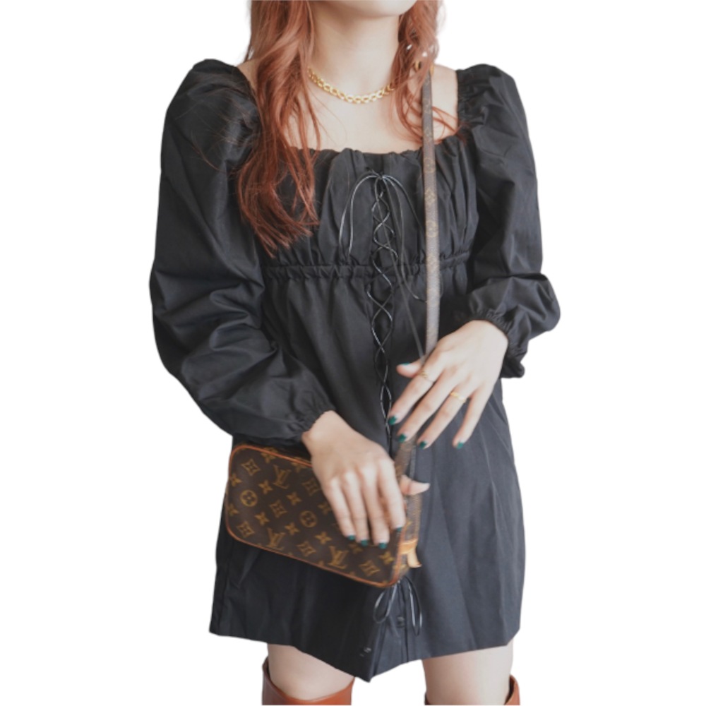 Lace-Up Puffsleeve Mini Onepiece（black） A.D.G レディース ワンピース