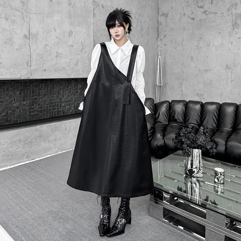 【Noir Mode】 秋冬 ノースリーブ PUレザー ジャンパースカート デザイン性 ブラックコーデ モード系 大きいサイズ レディース 体型カバー ワンピース Aラインスカート