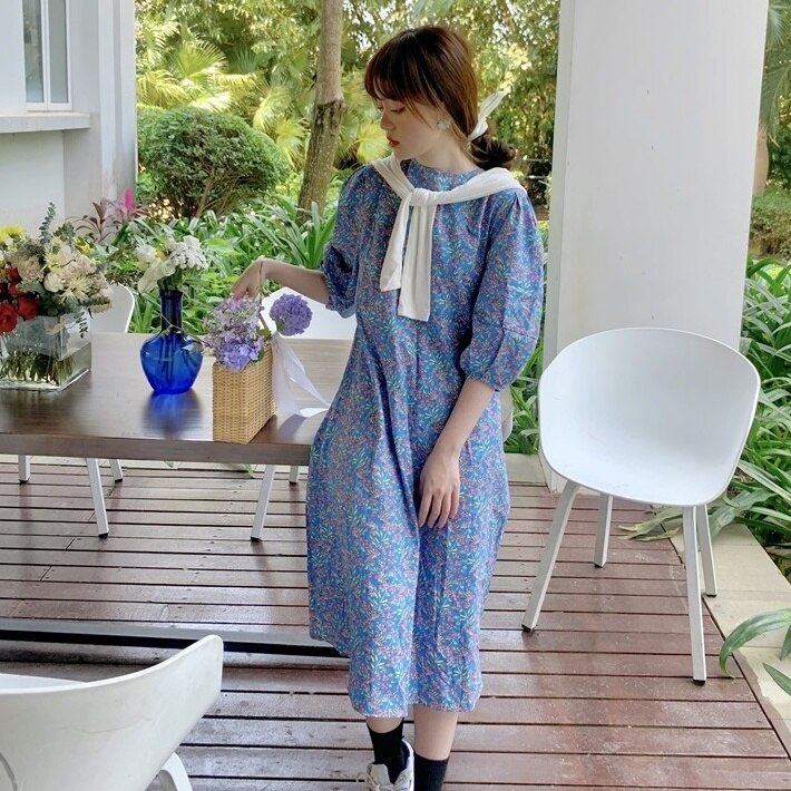 レトロ風 ワンピース 半袖 春 夏 きれいめ カジュアル かわいい フォーマル aライン Aライン フレア ワンピドレス ミモレ ミモレ丈 ロング ロング丈 7分丈 五分袖 ぽわん袖 ボリューム袖 ボ