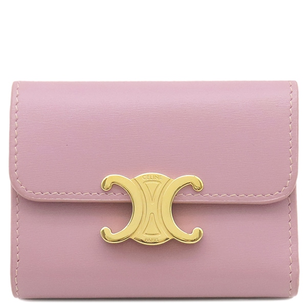 セリーヌ CELINE 三つ折り財布 トリオンフ コイン入れ付き コンパクトウォレット レザー ピンク ゴールド金具 10I653DPV【中古】