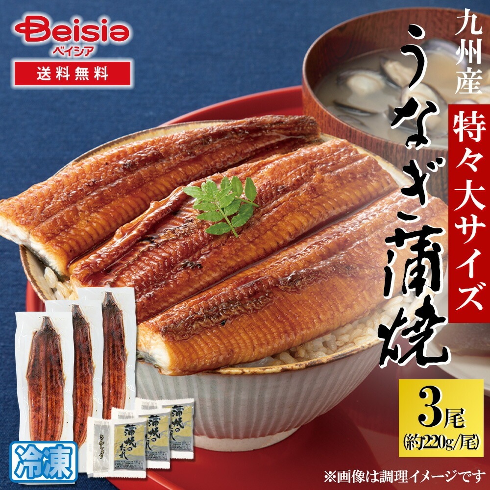 九州産有頭うなぎ蒲焼3尾 特々大サイズ タレ・山椒付 (約220g／尾）