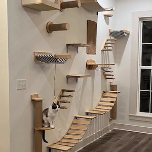【最安値挑戦 送料無料】猫の壁に取り付けられたクライミングツリー 木製の棚 ハンモック付きはしご 猫の家 子猫の寝袋