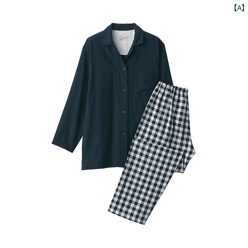 レディース　パジャマ　スウェット　上下 無印 良品 レディース サイド シームなし 二 重 糸 織り パジャマ 綿 ストライプ 長袖 秋 家庭 服