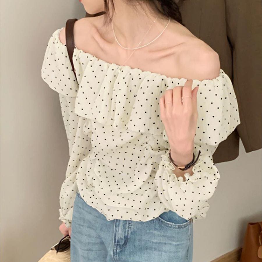 【超お得1つ買うと10個もらえる】[今日は安い-出荷が早い]ブラウス オフショルダー レディース 春夏 おしゃれ 長袖 フリルトップス ドット柄 水玉模様