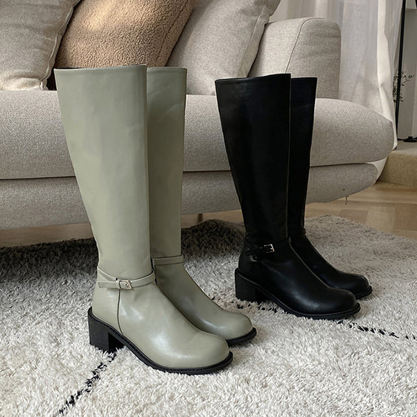 ロングブーツ オブリークトゥ サイドジップ ベルト レディース