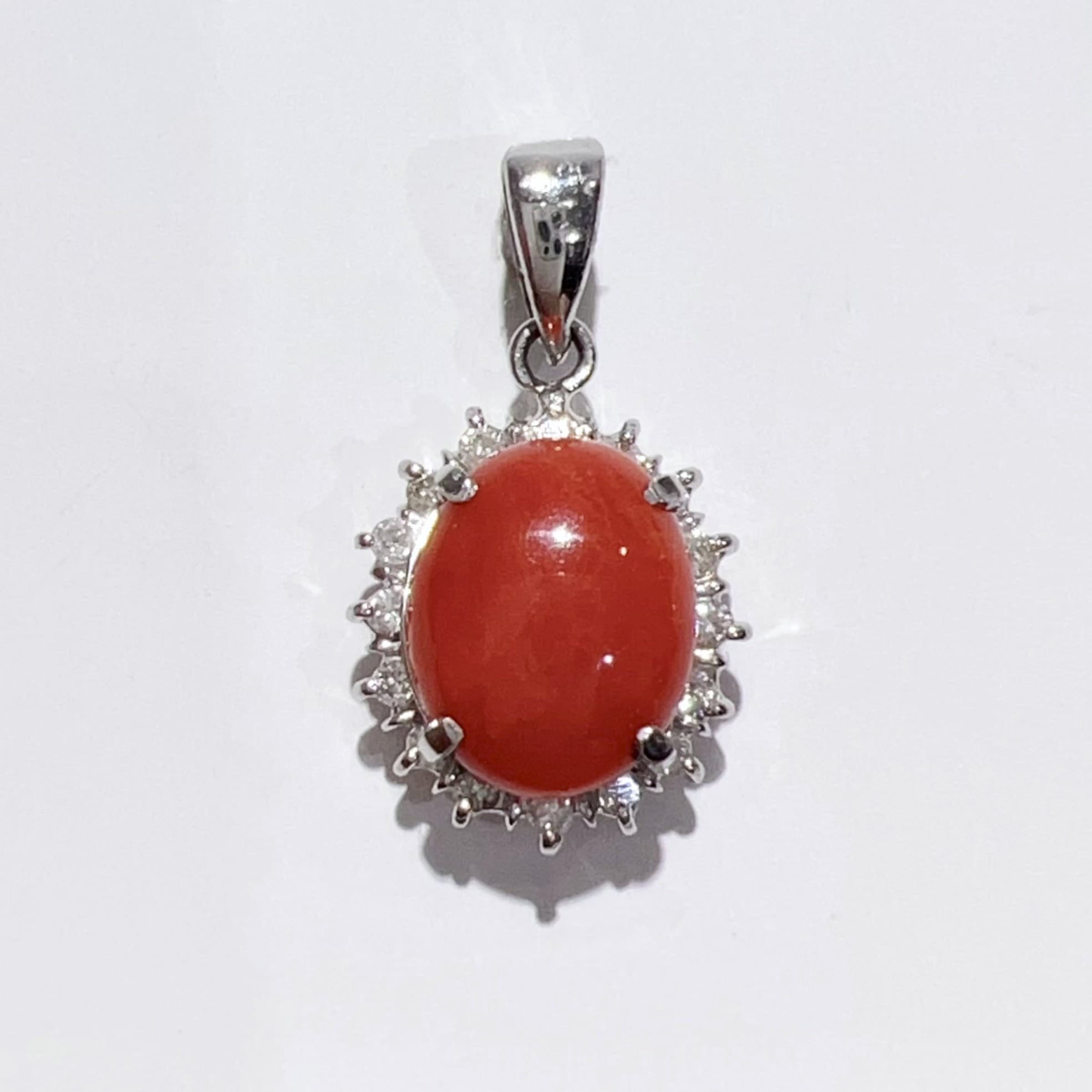 Pt900 天然 珊瑚 サンゴ ダイヤ ネックレス ペンダント トップ レッド 10x18mm 1.04ct D0.11ct 1.6g レディース アクセサリー 美品 aua30909071117