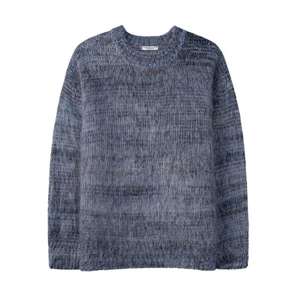 メンズオーバーフィットぼかしラウンドウール長袖ニットTシャツ AS-KN-Q020-グレー