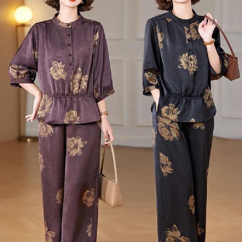 【2点セット】シニアファッション 七分袖ブラウス 花柄 レディース 婦人服 クルーネック L-5XL セットアップ 母 祖母 老人服 着痩せ 伸縮性 コンフォート 涼しげ サラサラ 敬老 お誕生日
