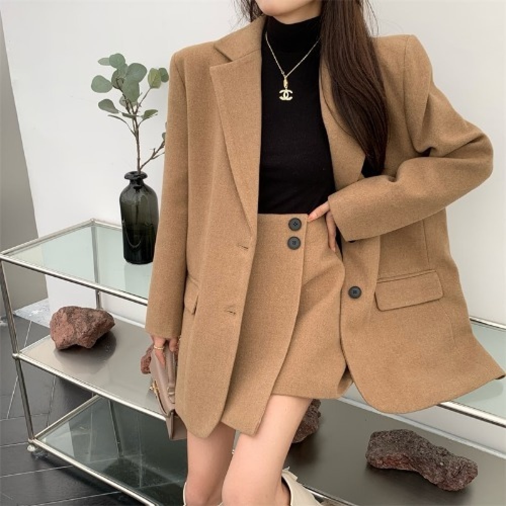 マーキス【ブラック/当日発送】セットビッグサイズゲストルックウールオーバーフィットジャケットスーツJKクラシックモダンミニスカートツーピース春新作秋冬デイリーガールフレンドルックキャメル/ブラック23