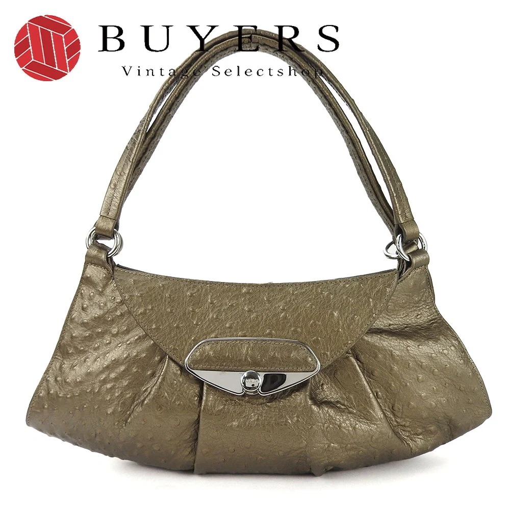 中古 フルラ ハンドバッグ 肩掛け オーストリッチ調 型押し レザー 革 ブロンズ系 シルバー金具 普段使い レディース 女性 FURLA tote bag bronze