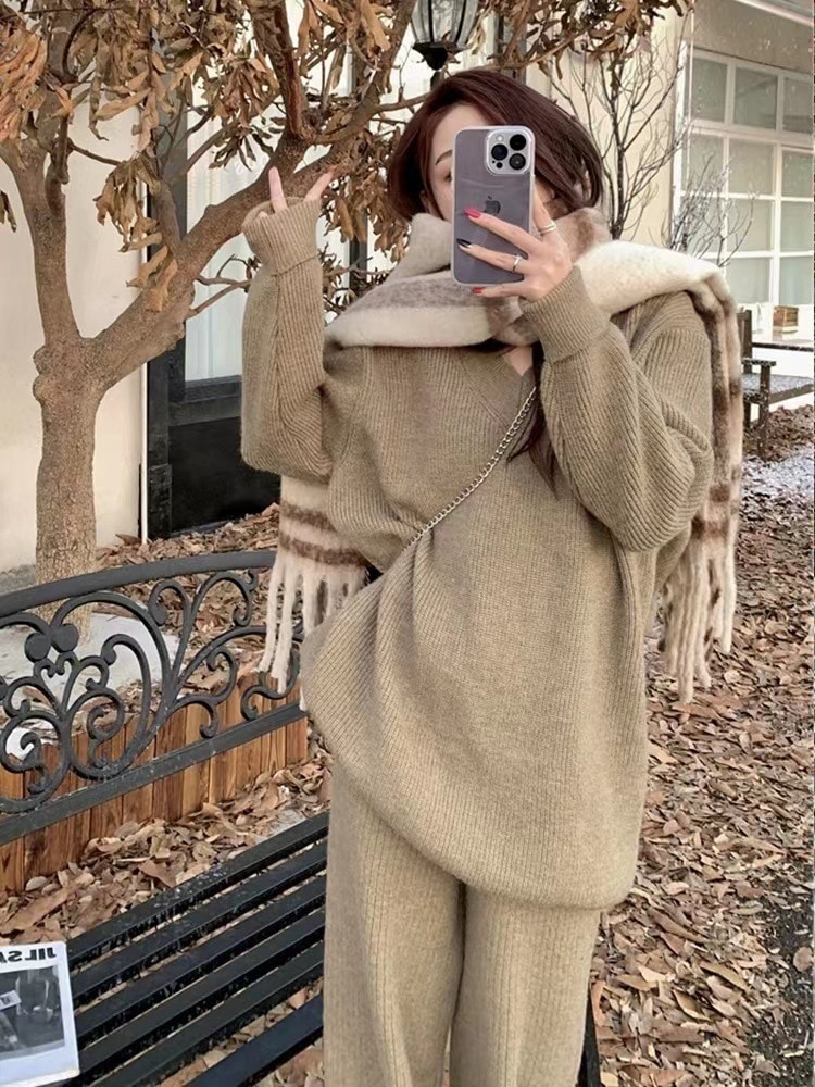 早い者勝ち セットアップ ロングパンツ Ｖネック sweet系 ワイドパンツ 長袖 セーター ニットトップス スリム おしゃれな 快適である