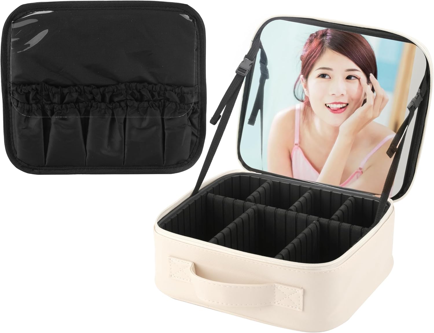 鏡付き大容量化粧ポーチ 調節可能仕切り付き メイクブラシ・スキンケア収納ケース 旅行用