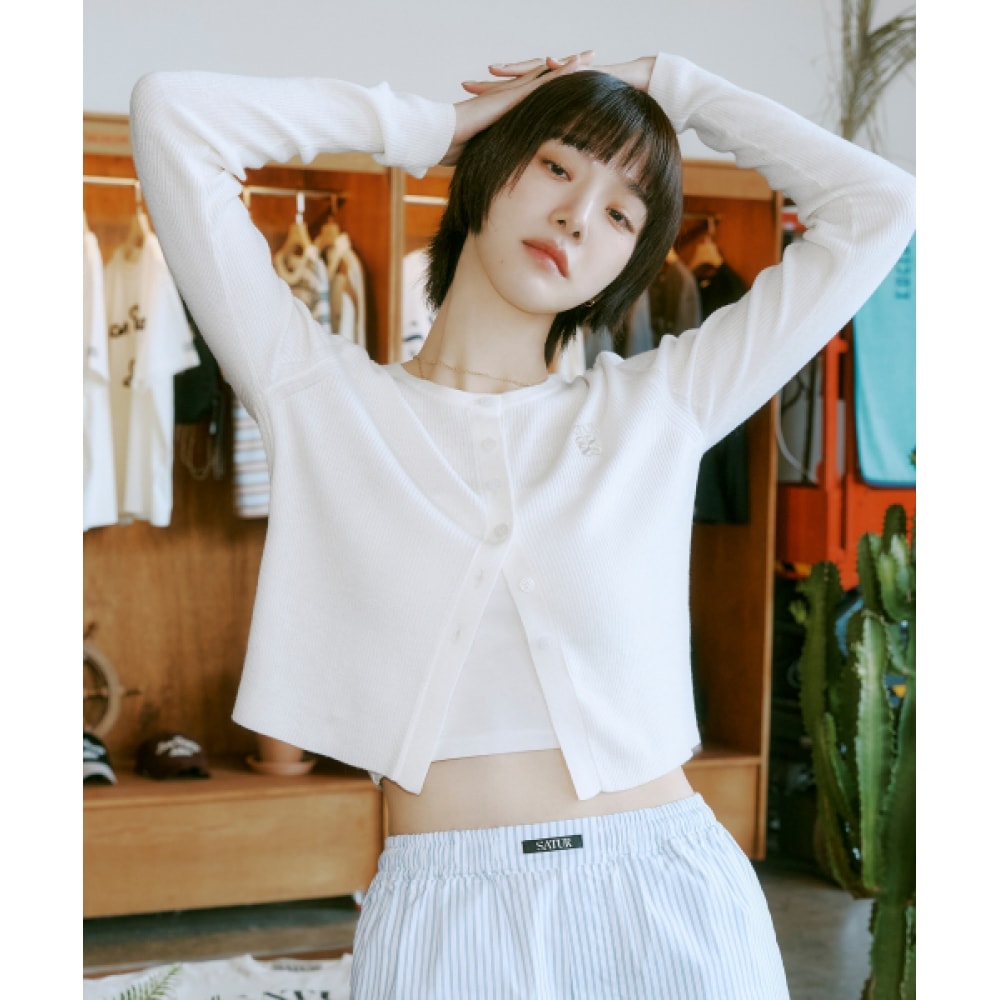 SATUR (W) 無地ロングスリーブカーディガンクリーム