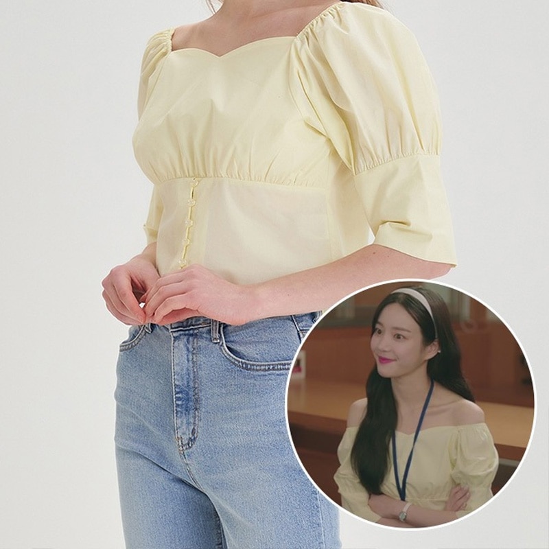 イユビ APINK ボミ着用 / ハートネックライ ンラブポエム ブラウス(レモン)ブラウス 韓国ファッション 着痩せ トップス 韓国人気ブランド