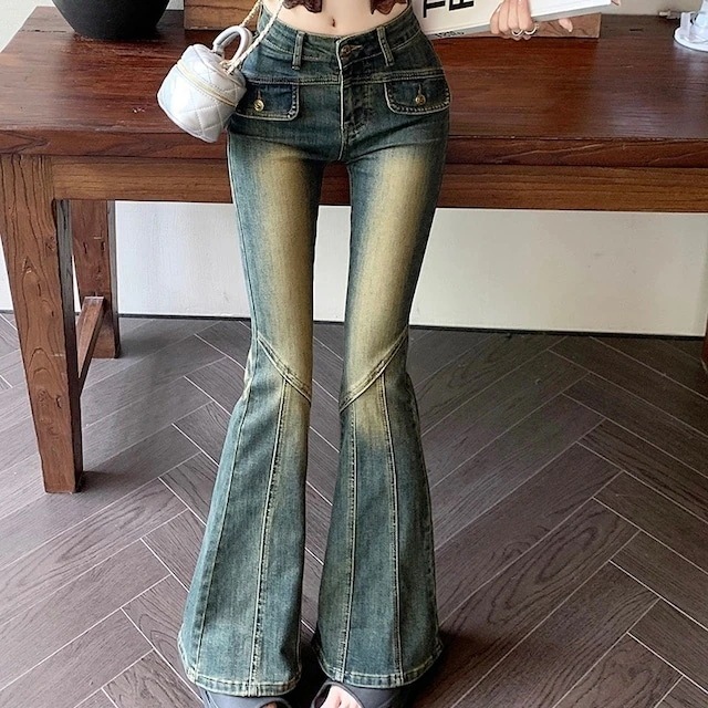 2024春夏 アメリカン パンツ デニム ブルー ジーンズ ロング丈 スキニー レッグ ハイウエスト 脚長効果 美脚効果 細見え 秋 カジュアル 韓国ファッション お出かけ