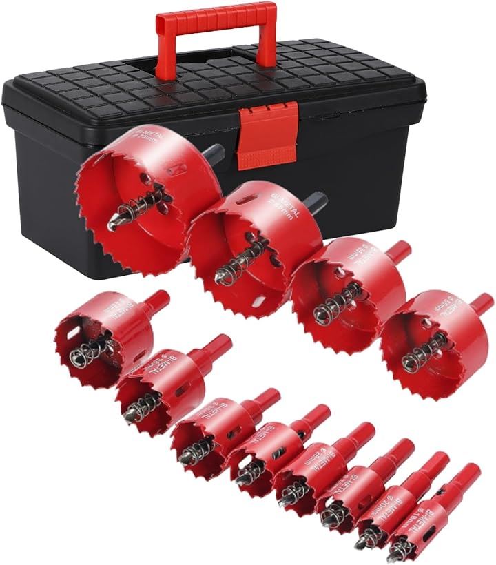 現役大工が推薦 バイメタル ホールソー ホルソー 増量 12本 セット 穴あけ 切削 工具箱 ケース付き(レッド, 18mm～75mm12本セット＆収納BOX)