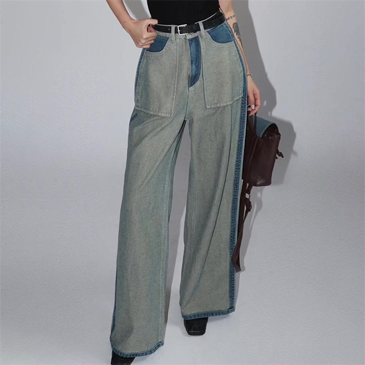 韓国ファッション ジーンズ 気質 カジュアル ステッチング スラックス レディース 2023新作 差し色デザイン ストレート スリム ロングパンツ