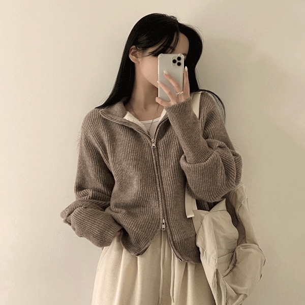 [大きい厚手大きい暖かい/ウール裏地!] ダウンより暖かいハイネックツーウェイ ジップアップ ウールニットカーディガン(5color)