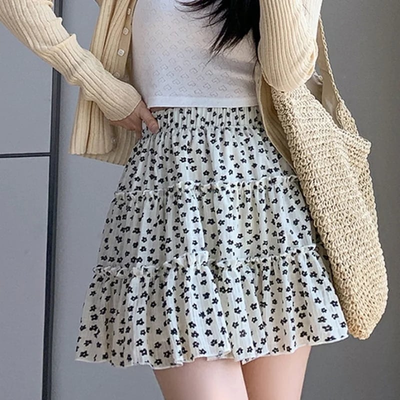 【1つ買うと10つ無料】夏の女性のための黒い花柄のケーキスカート腹部とスリミングの梨の形をしたハイウエスト汎用性の高い -スカート