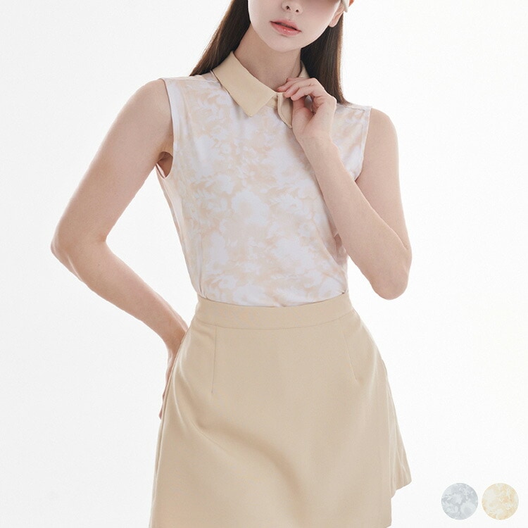 ゴルフウェア トップス レディース 韓国 シャツ ノースリーブ 襟付き ポロシャツ 配色 柄 タイダイ柄 ストレッチ 夏 春 秋 ベージュ グレー