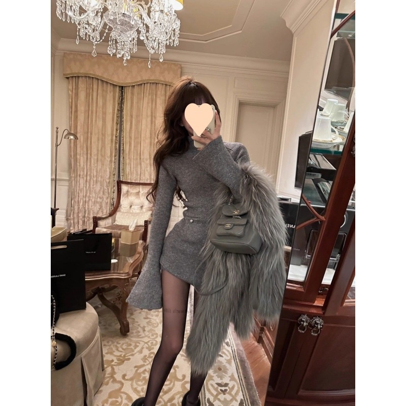 【1つ買うと10つ無料】ニットドレスセーター女性2025秋と冬のセンシングックホーンスリーブスリムスリムスリムヒップスカート