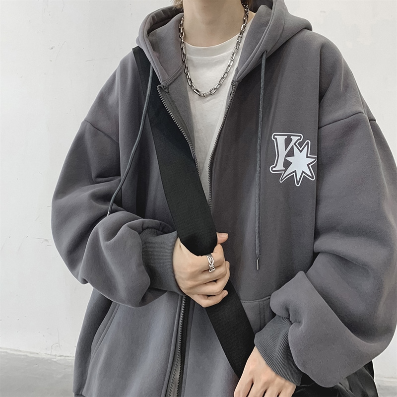 フーデッドカーディガンセーターメンズ春と秋の潮アメリカのハイストリートルーズ百ジップジャケット