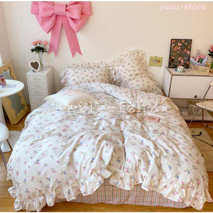冬の新製品韓国風 寝具 布団カバーセット シングル セミダブル 綿 レディース 姫系 フリル 花柄 ベッドカバー フラットシーツ 掛け布団カバー 洗える 防菌 防ダニ