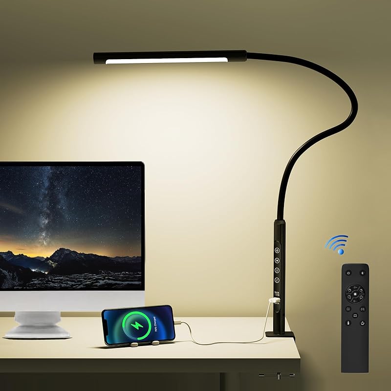 デスクライト led スタンドライト クランプ式 目に優しい 電気スタンド USB充電端子つき 6段階調色調光 タイマー機能 リモコン制御 遠隔操作 360回転 全方向照明 省エネ テーブルライト