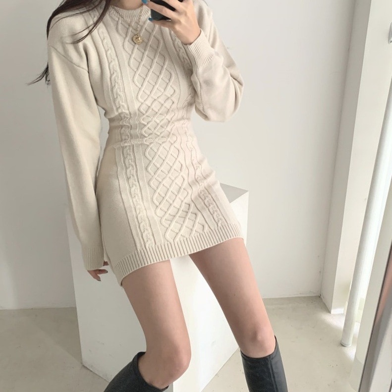ニット ニットワンピース セーター 長袖 ラウンドネック グレー ケーブル編み ぽわん袖 韓国 レディース オルチャン ミニワンピ 黒 ブラック 白 ホワイト 膝上丈 ケーブルニット 着回し