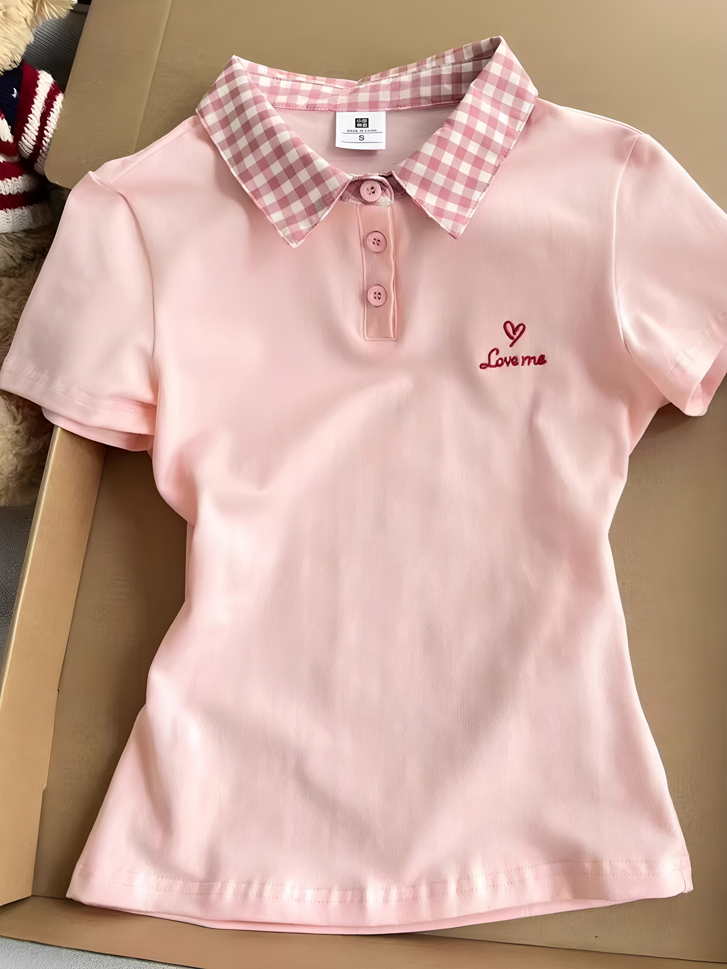 韓国風スイートピンクポロ襟半袖Tシャツ女性用夏の格子柄の切り替えデザインがおしゃれなトップス